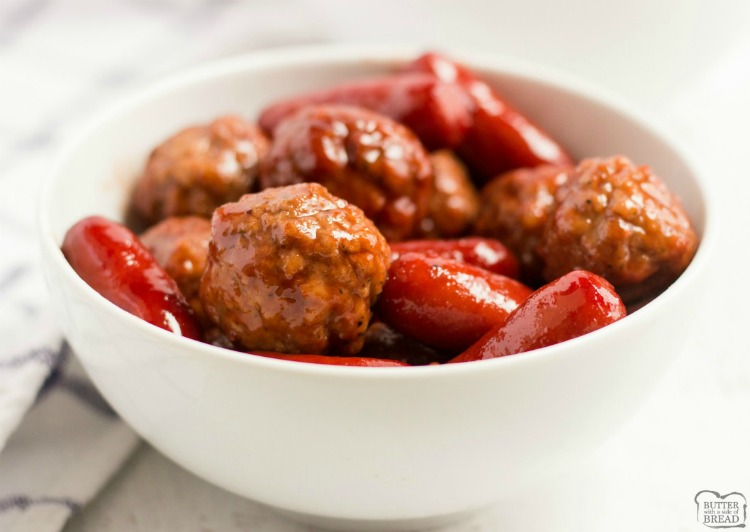 Easy Meatball appetizer recipe made with an incredible 3 ingredient sauce that everyone raves about! Combine frozen meatballs & Lil Smokies in this simple & delicious appetizer recipe perfect for parties.