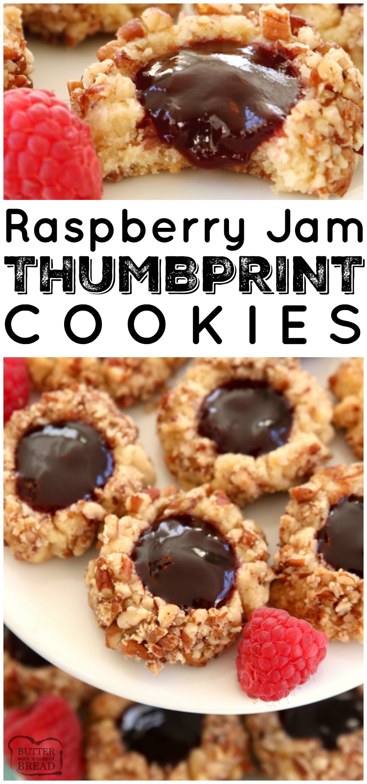 Raspberry Jam Thumbprint Cookies are a classic shortbread cookie rolled in pecans, baked & filled with sweet raspberry jam. Buttery Christmas cookie recipe that everyone looks forward to for holiday cookie exchanges! #Cookies #thumbprint #baking #Christmas #holidays #raspberry #jam #thumbprintcookies #recipe #dessert from BUTTER WITH A SIDE OF BREAD