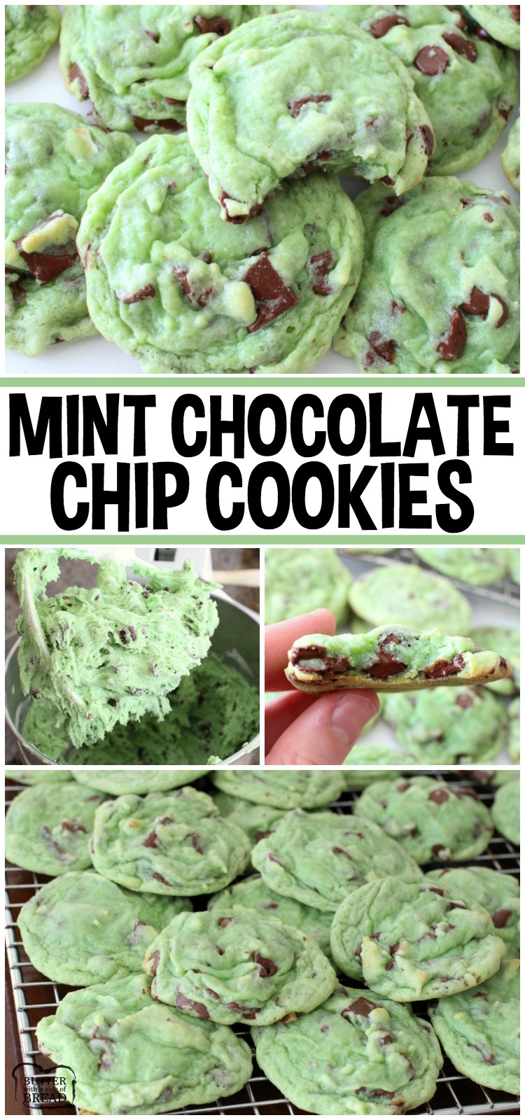 Mint Chocolate Chip Cookies made with pudding mix, mint extract & chocolate chips. Lovely cookie recipe perfect for those who love mint chip ice cream! #cookies #mint #chocolate #baking #dessert #Christmas #StPatricksDay #recipe from BUTTER WITH A SIDE OF BREAD