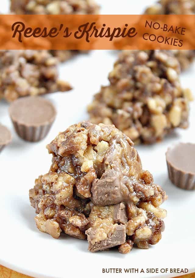 Reese's Krispie No Bake Cookies are full of chocolate, Reese's peanut butter cups, rice krispies cereal, and a few other basic ingredients. This delicious no bake cookie recipe is absolutely amazing and only takes a few minutes to make!