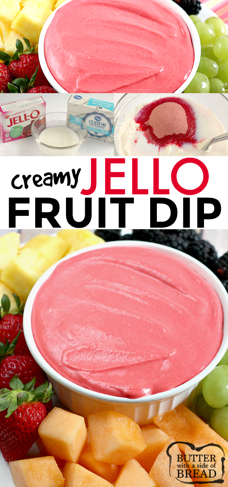 Creamy Jello Fruit Dip is made with jello, cream cheese and milk - that's it! You can use any flavor of jello that you want in this delicious fruit dip recipe!