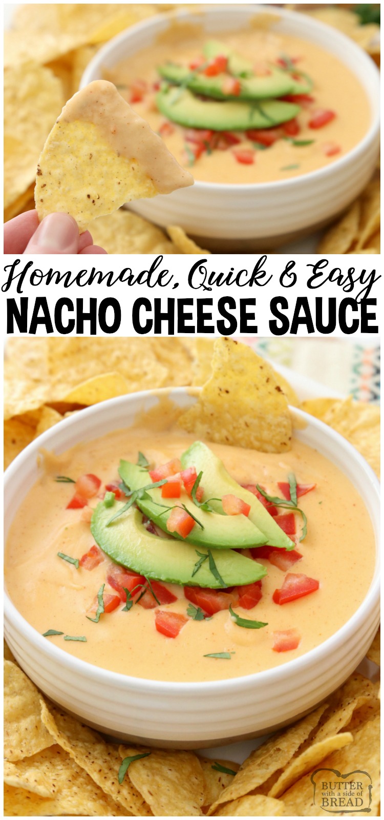 Easy Nacho Cheese sauce recipe with only 4 ingredients and is made in minutes! Smooth, creamy with great nacho cheese flavor, this recipe is perfect for parties, busy weeknight dinners and game day food! #nacho #cheese #homemade #nachos #recipe #appetizer #gameday #partyfood from BUTTER WITH A SIDE OF BREAD