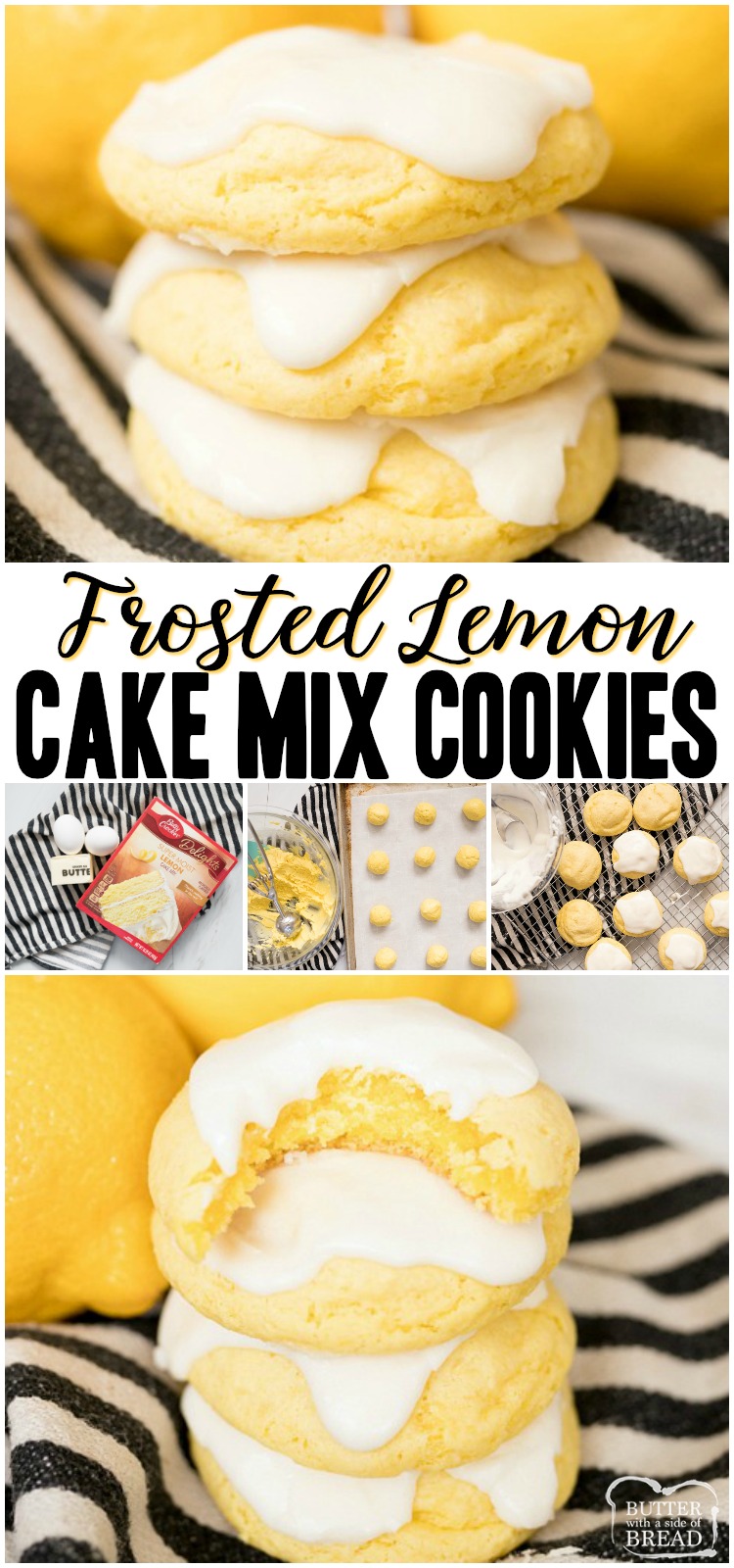 Lemon Cake Mix Cookies are soft & delicious lemon cookies made using a Lemon Cake Mix, butter and eggs. Topped with a sweet lemon glaze, this quick & easy lemon cake mix cookie recipe is the best! #lemon #cookies #cakemix #cookie #recipe #dessert #baking #lemons from BUTTER WITH A SIDE OF BREAD