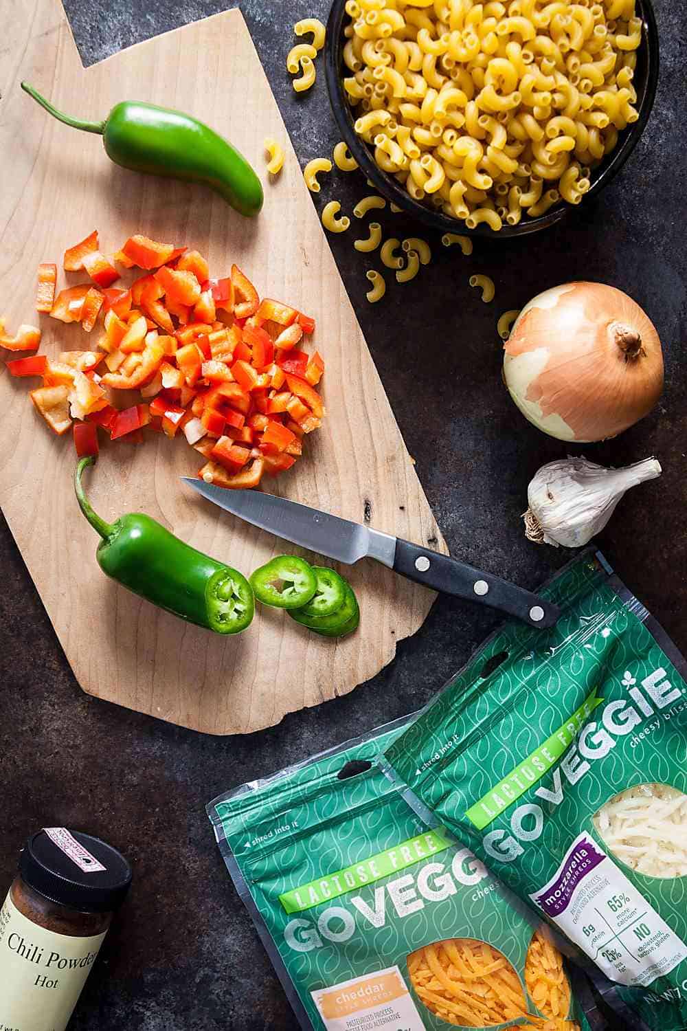 ingredients for vegetarian chili mac with go veggie cheese