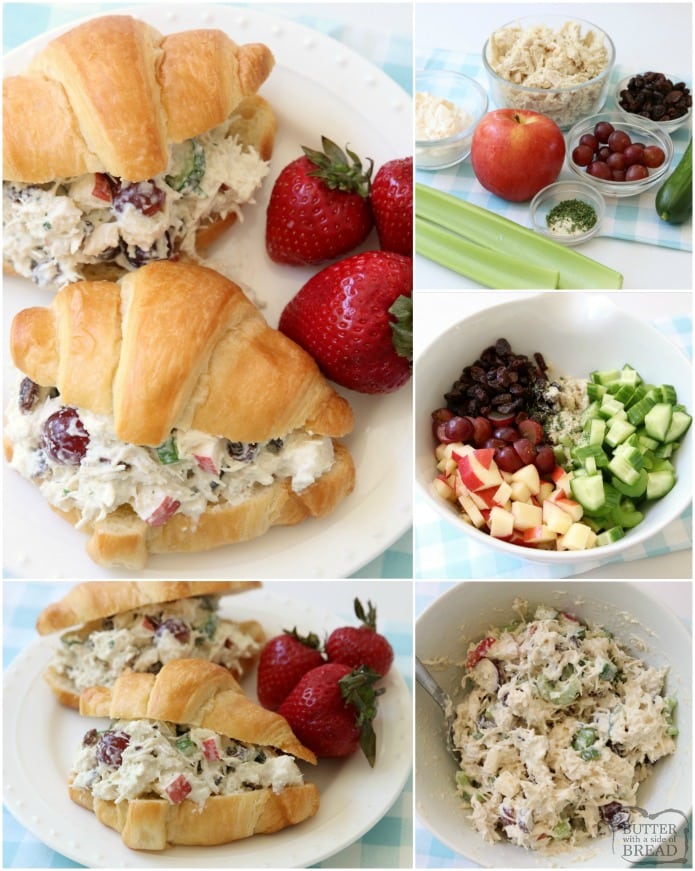 Easy 5-Minute Chicken Salad recipe that's the BEST I've ever tasted! The simple dressing really makes it perfect. Chicken Salad recipe made with diced chicken, plain yogurt, apples, grapes, celery, cucumber, raisins and more! Great as chicken salad sandwiches or in lettuce as a wrap or on crackers.