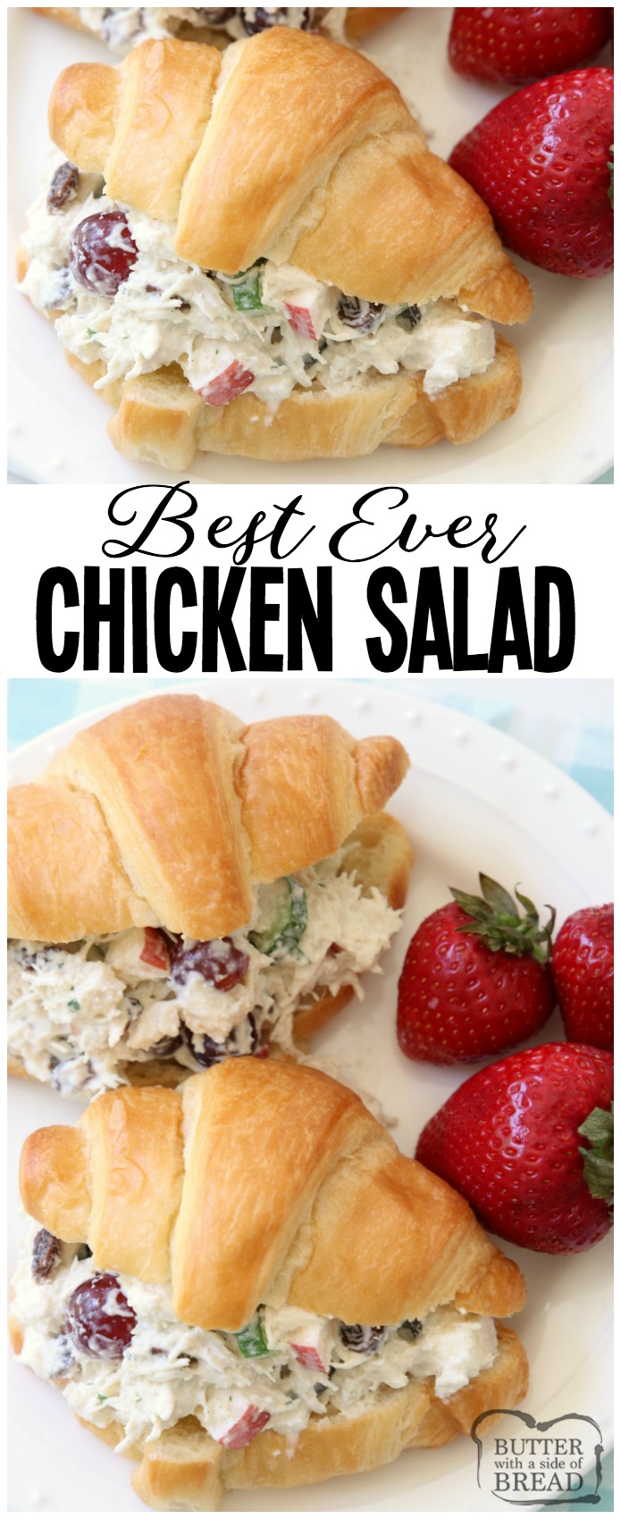 Easy 5-Minute Chicken Salad recipe that's the BEST I've ever tasted! The simple dressing really makes it perfect. Chicken Salad recipe made with diced chicken, plain yogurt, apples, grapes, celery, cucumber, raisins and more! Great as chicken salad sandwiches or in lettuce as a wrap or on crackers. #chicken #salad #lunch #brunch #chickensalad #protein #healthy #recipe from Butter With A Side of Bread