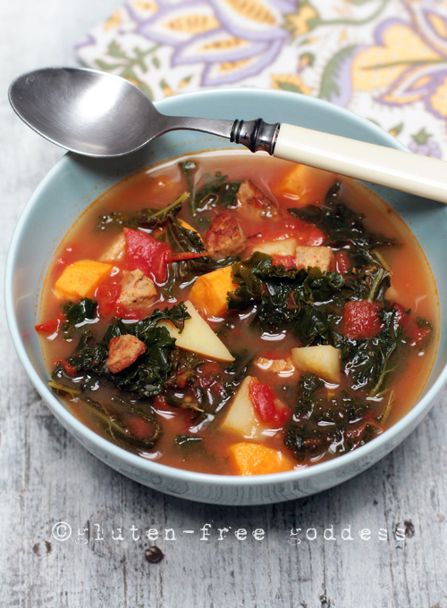 Spicy kale soup with sausage, sweet potatoes and gold potatoes. #glutenfree