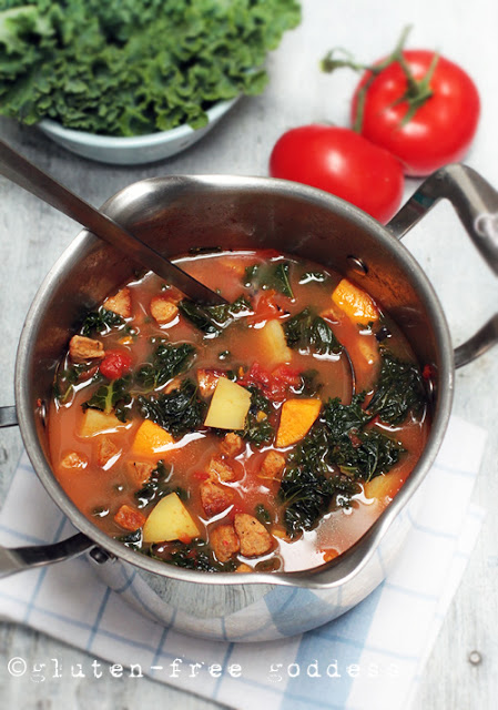 A pot of lovely Kale Soup with Spicy Chicken Sausage and Sweet Potato