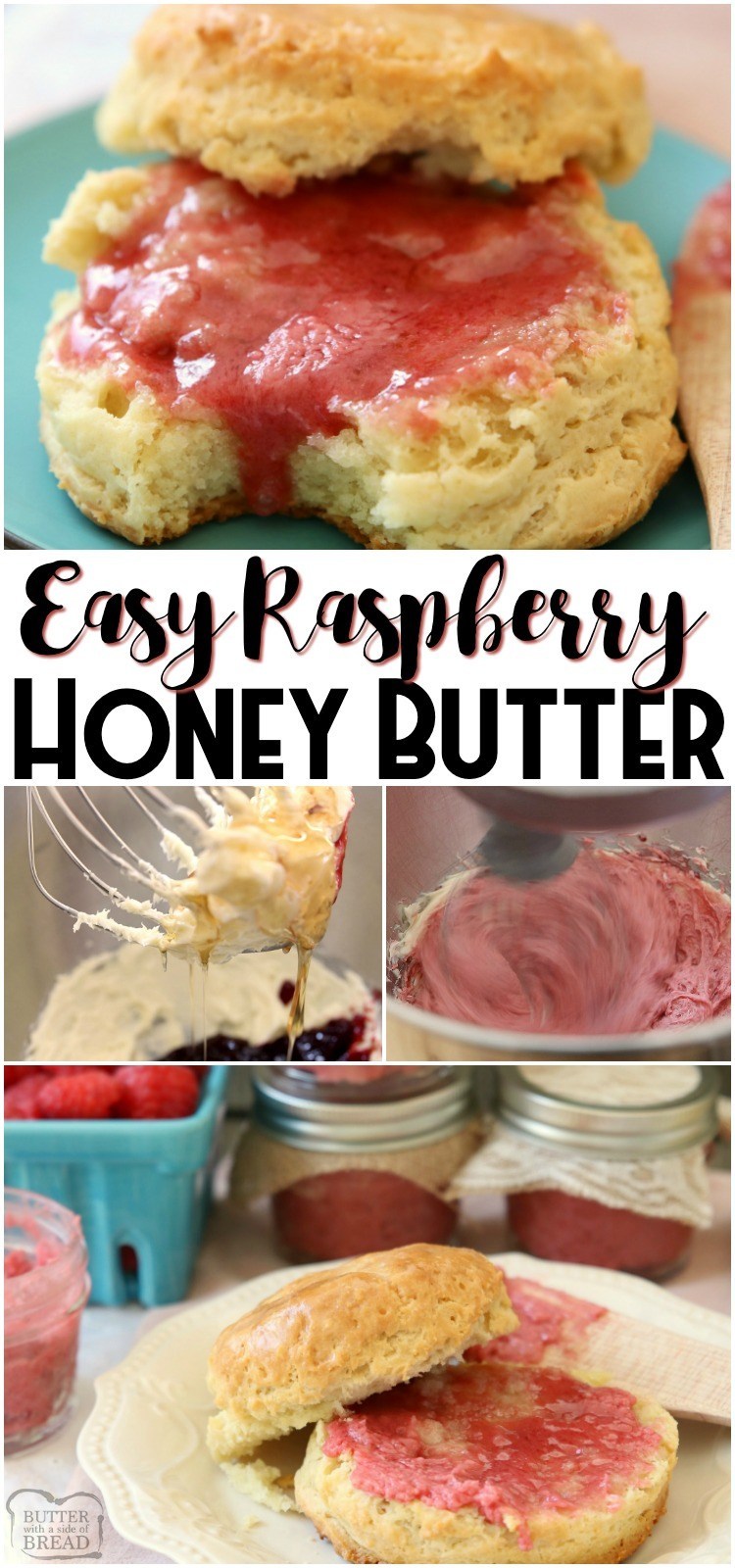 Raspberry Honey Butter recipe with just 4 ingredients and is blow-your-mind delicious! Simple honey butter recipe that's smooth, creamy and has great flavor. #butter #honeybutter #honey #raspberry #homemade #bread #spread #recipe from BUTTER WITH A SIDE OF BREAD
