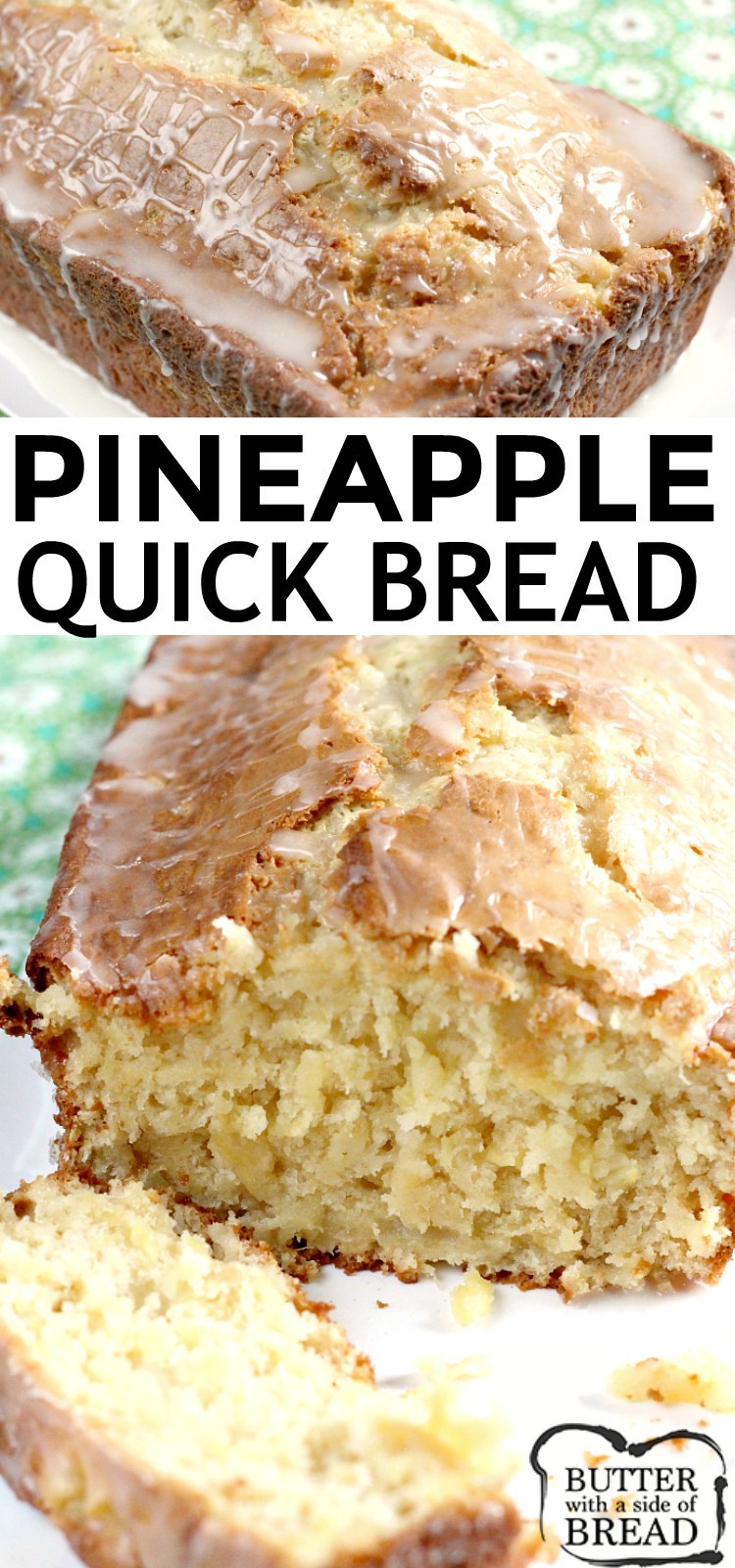 Pineapple Quick Bread is sweet, moist and absolutely delicious, especially with a simple pineapple glaze on top! This quick bread is made with crushed pineapple, cream cheese, sour cream and a few other basic ingredients.