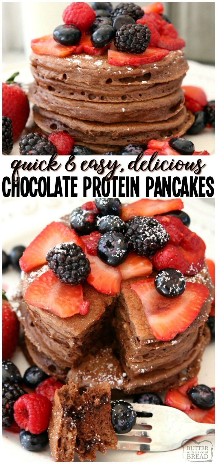 Chocolate Protein Pancakes are sweet protein pancake recipe made with chocolate chips & topped with fresh berries. Perfect for a satisfying breakfast, brunch or dinner! #protein #pancakes #chocolate #breakfast #chocolatechips #pancakemix #recipe from BUTTER WITH A SIDE OF BREAD