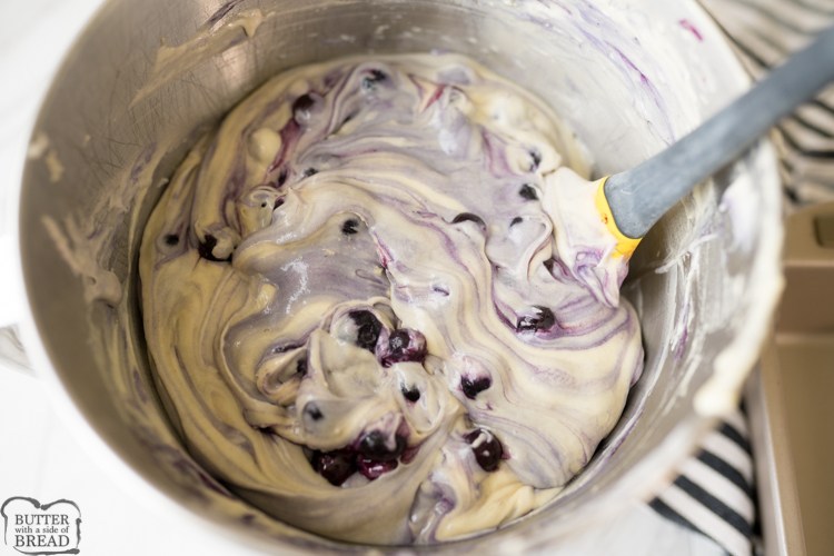 blueberries being folded into the quick bread batter