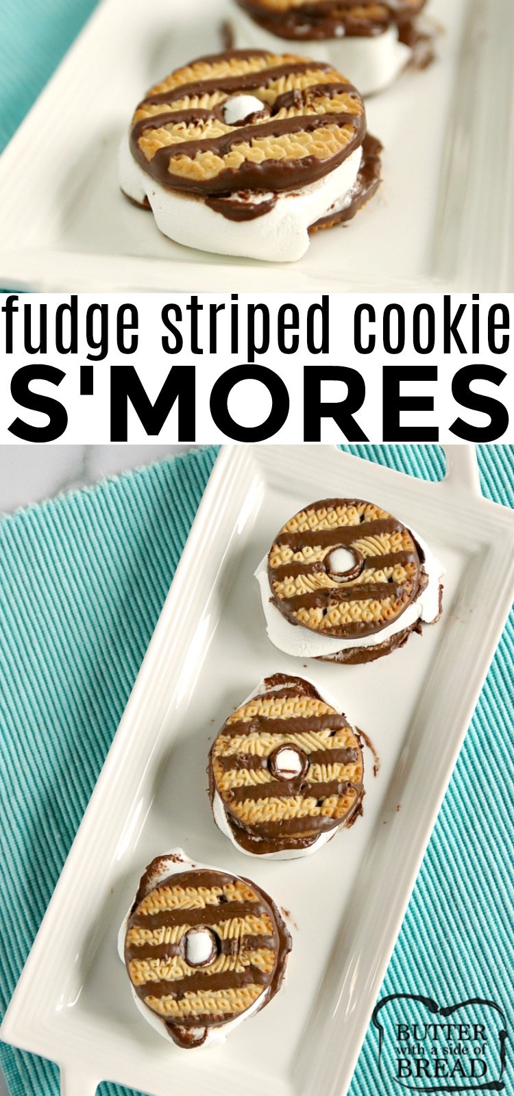 Fudge Striped Cookie S'mores have the perfect balance of cookie, marshmallow and chocolate! Make these s'mores in the oven, microwave or around the campfire!