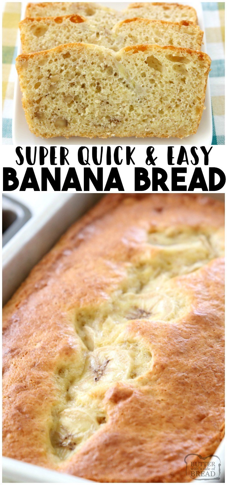 Easy Banana Bread is the simplest homemade banana bread recipe ever! Made with ripe bananas, a cake mix & 2 other simple ingredients. #banana #bread #quickbread #baking #recipe from BUTTER WITH A SIDE OF BREAD