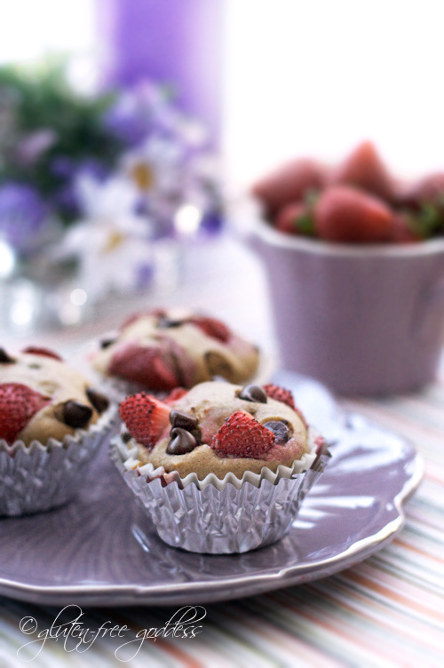 Luscious Strawberry Chocolate Chip Muffins- gluten-free, dairy-free, egg-free... and tasty!