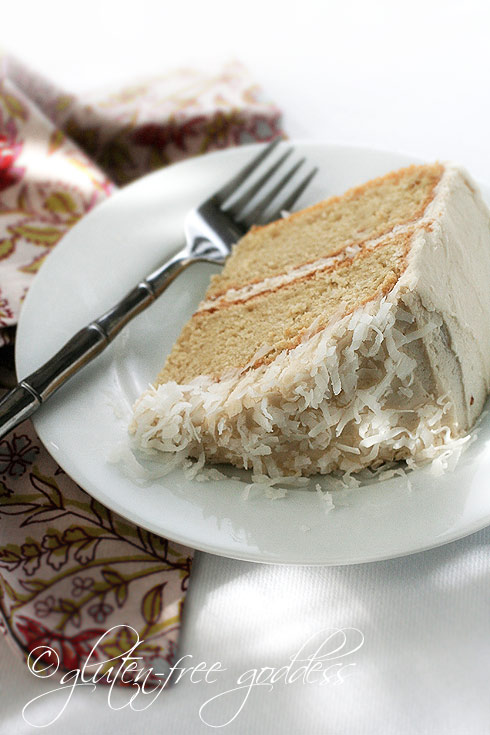 A slice of gluten-free coconut layer cake