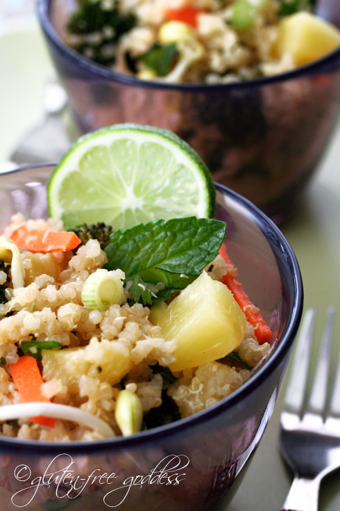 Pineapple quinoa salad with broccoli carrots mint and lime