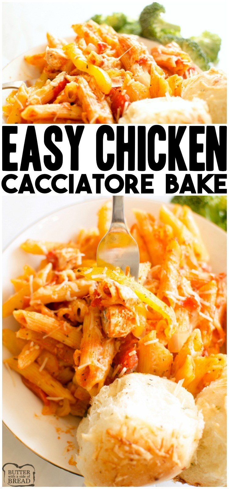 One-Pot Chicken Cacciatore is a simple & delicious chicken dinner. Easy Chicken Cacciatore recipe baked with pasta, chicken, tomatoes, peppers & cheese in about an hour. Quick & easy chicken recipe perfect for weeknight dinners. 