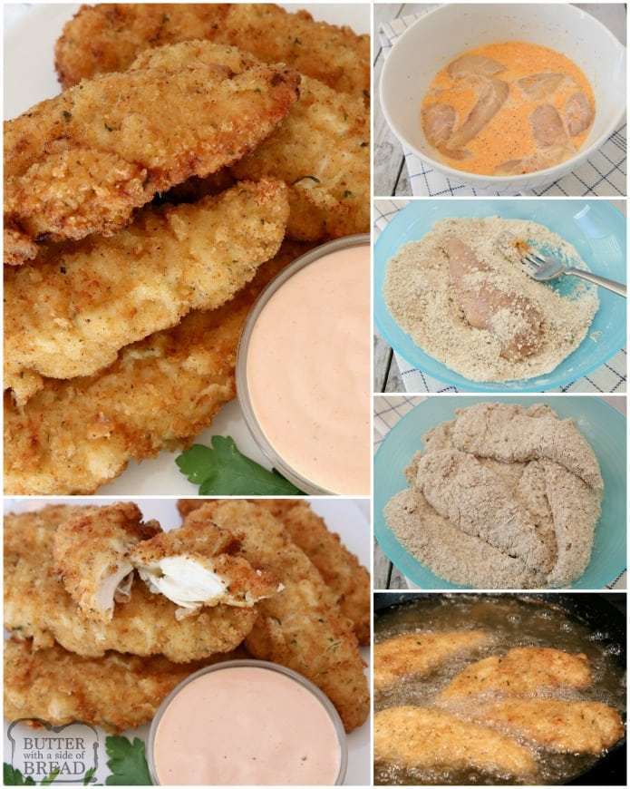 Chicken Strips made from scratch- so tender, juicy & flavorful. 2 simple tips to take your chicken tenders from good to great!
