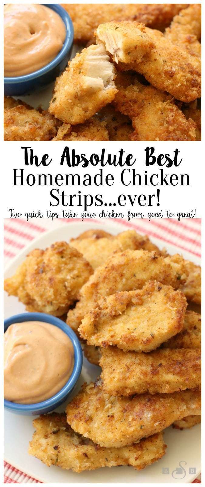 These Homemade Chicken Strips are tender, juicy & flavorful. Easy to make at home as I share 2 tips on how to take #chicken strips from good to great! Chicken #dinner #recipe from Butter With A Side of Bread #appetizers #gameday #chickentenders