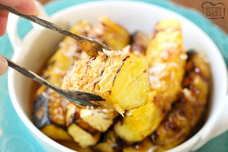 Grilled Pineapple with Coconut glaze is a fantastic side dish or dessert! Made easy with coconut, brown sugar and fresh pineapple, this is the best grilled pineapple I've tasted!