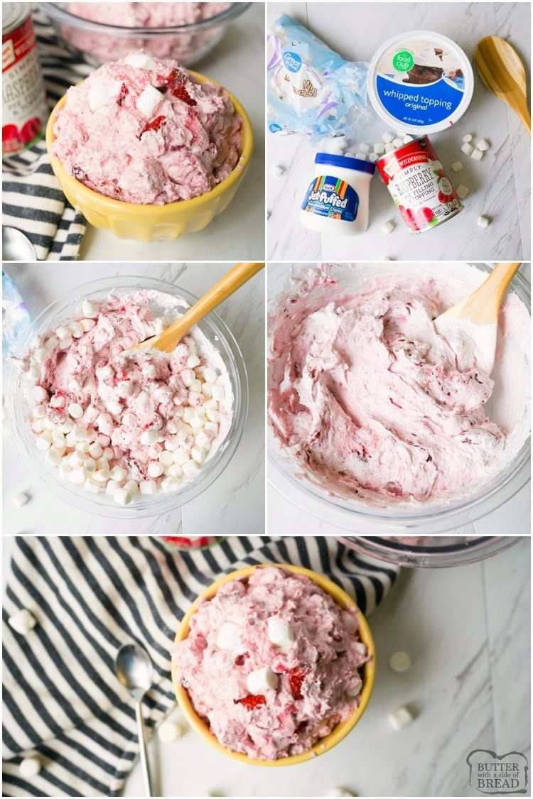 Raspberry Ambrosia Salad is a simple, sweet side dish perfect for holidays! With only four ingredients, this ambrosia salad recipe tastes incredible and is easy to make. 