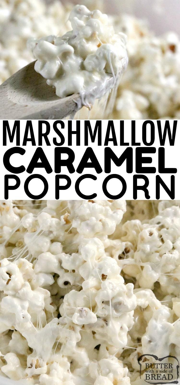 Marshmallow Caramel Popcorn is soft, sweet and deliciously gooey! Only 3 simple ingredients to make the caramel sauce to pour over popcorn and marshmallows!