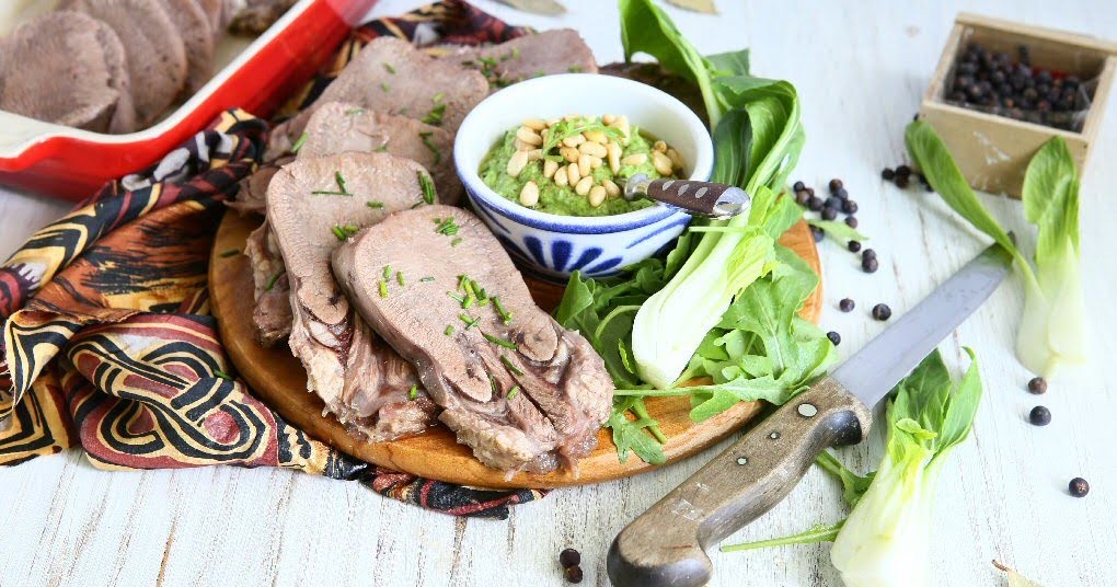 Slow Cooker Veal Tongue with Bok Choy Pesto