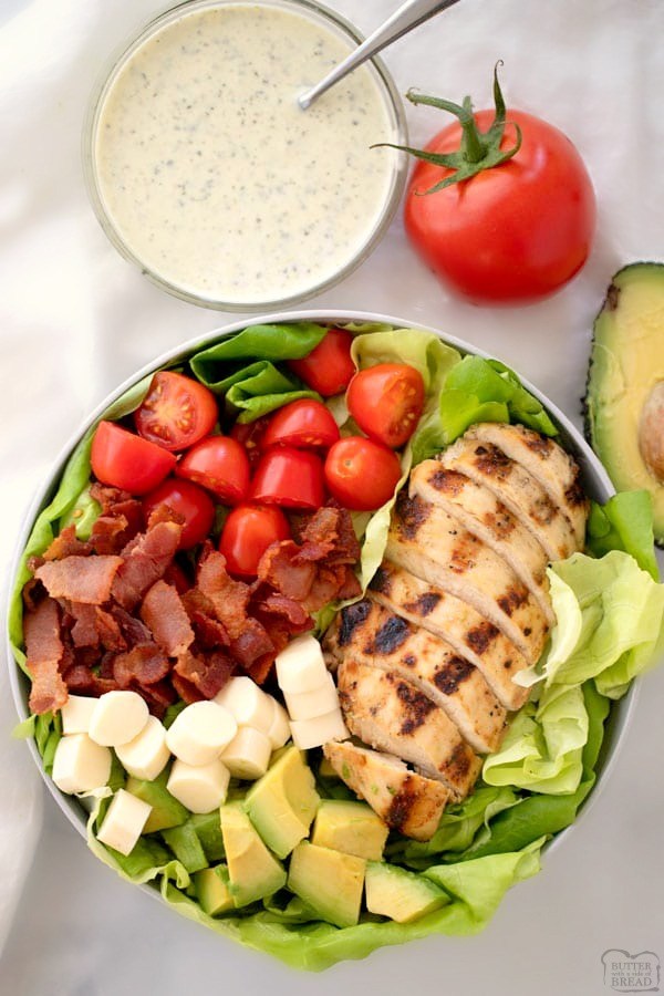 grilled chicken on a BLT salad with a side of creamy pesto ranch dressing