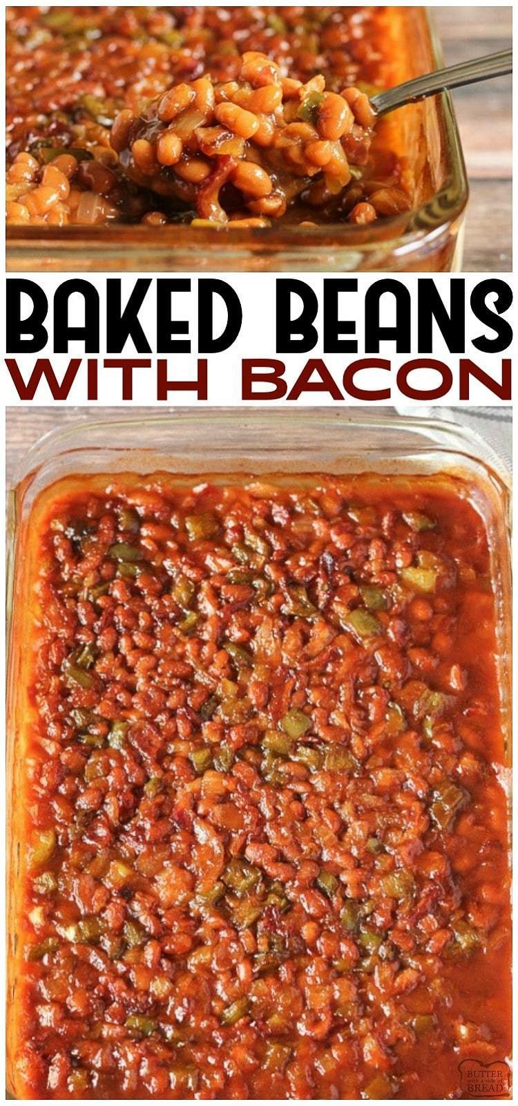 Baked Beans with Bacon recipe is a classic baked bean recipe loaded with bacon, green peppers, pork and beans and the perfect blend of seasonings! Take this baked beans recipe with bacon dish along for your next BBQ potluck. #beans #bakedbeans #bbq #bacon #sidedish #grilling #recipe from BUTTER WITH A SIDE OF BREAD