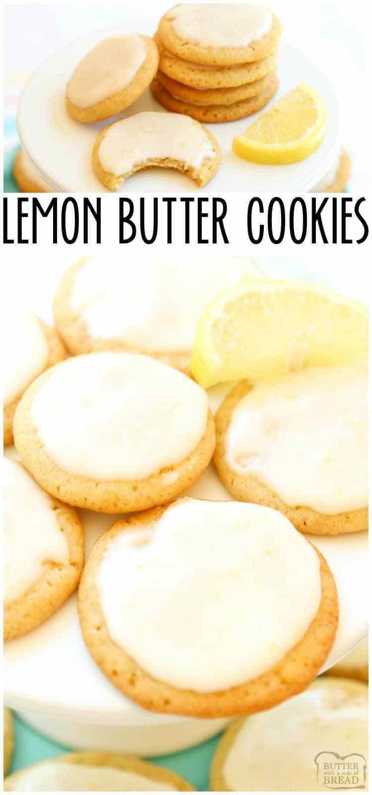 Lemon Butter Cookies is one of my favorite butter cookie recipes and lemon desserts! Every time I make them I'm surprised at just how GOOD these lemon cookies taste. #lemon #cookies #lemonbuttercookies #buttercookies #lemondessert #withicing #recipefrom Butter With a Side a Bread