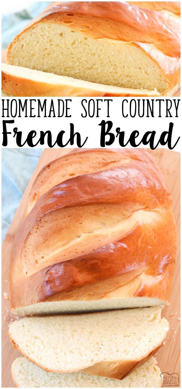 Country French Bread recipe is surprisingly simple instructions showing how to make bread, especially for how gorgeous the bread turns out. Soft, delicious, and done in just over an hour, this homemade bread recipe is a winner. #frenchbread #frenchbreadrecipe #howtomakebread #yeastbread #homemadebread #recipefrom Butter With a Side of Bread