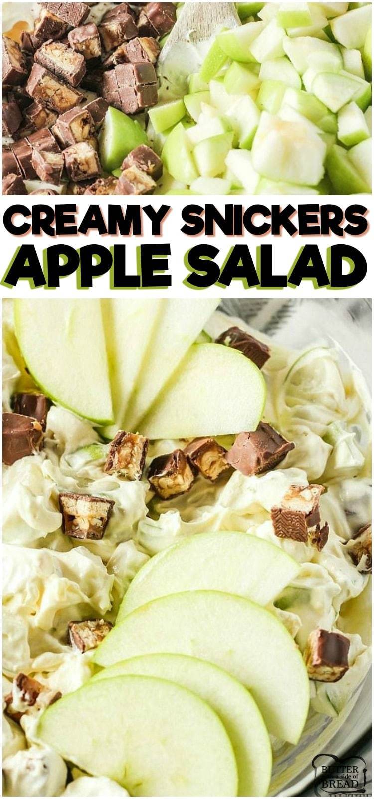 Snickers Apple Salad Recipe is a sweet side dish loaded with tart green apples, vanilla pudding, whipped topping and, of course, Snickers bars! Snicker Salad is a fruit salad recipe that is always requested over and over! #snickers #salad #apples #fluff #recipe from BUTTER WITH A SIDE OF BREAD