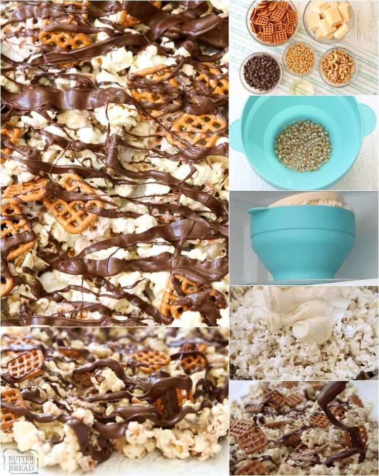 Chocolate Popcorn made with white and semi sweet chocolate, pretzels and cashews! Our easy-to-make white chocolate popcorn recipe is the perfect blend of salty & sweet.