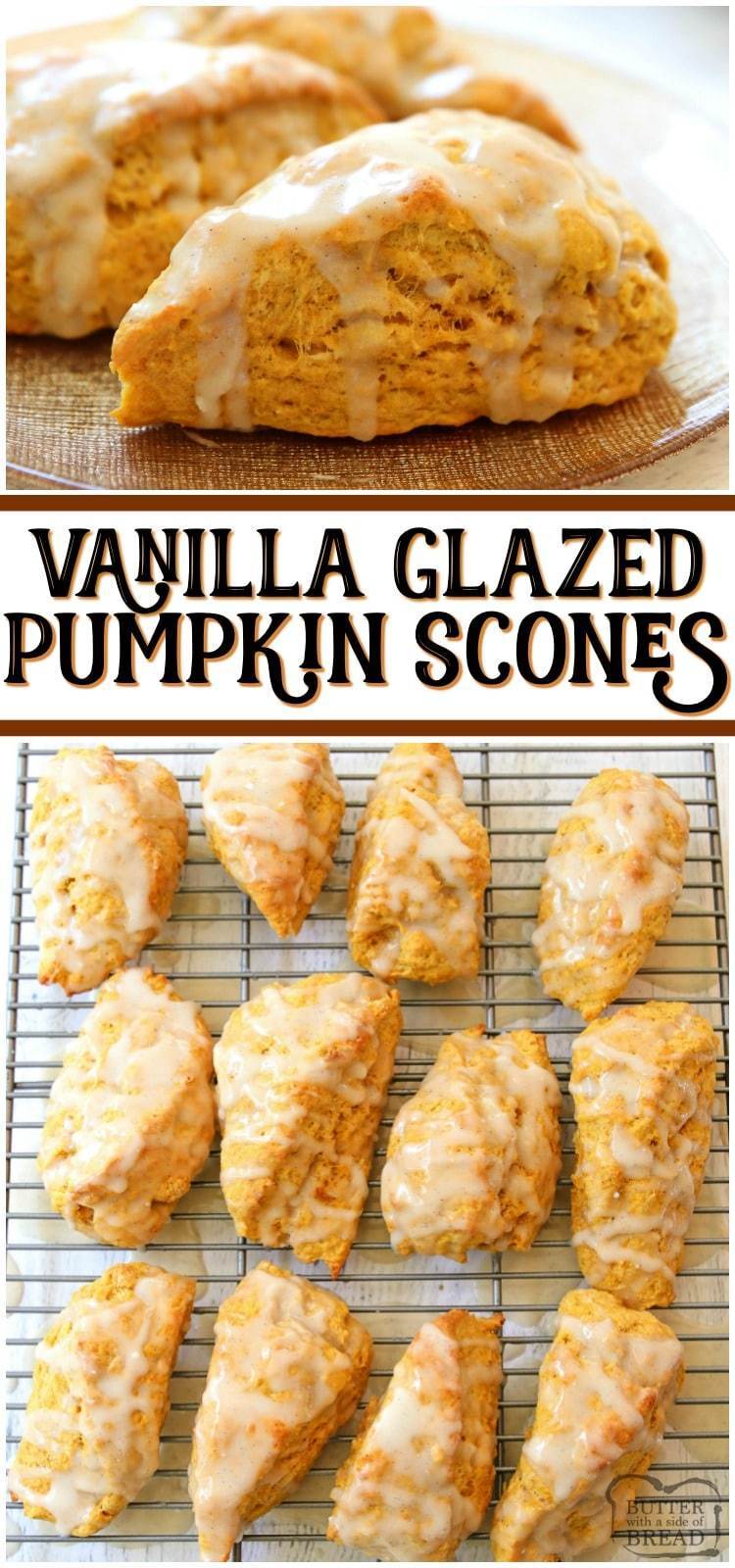 Easy Pumpkin Scones recipe made with pumpkin, cinnamon, brown sugar and butter. Soft & sweet pumpkin scones that are perfect for Fall. #scones #pumpkin #recipe #baking #breakfast #scone #recipe from BUTTER WITH A SIDE OF BREAD