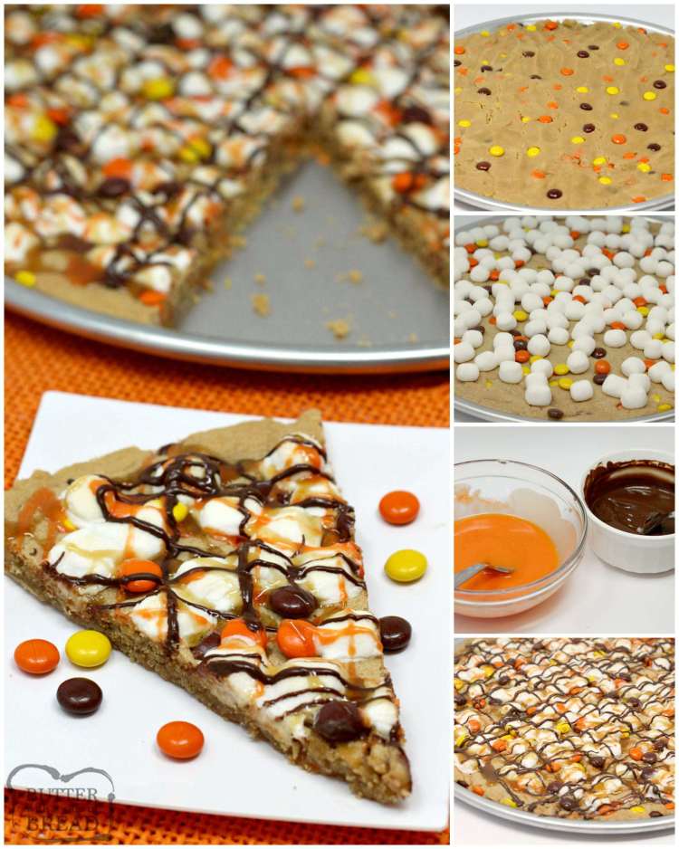 Halloween Peanut Butter Cookie Pizza is made with a delicious peanut butter cookie crust that is topped with marshmallows and Reese's Pieces and then drizzled with chocolate, caramel and orange icing! The perfect Halloween dessert!