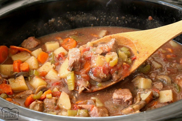 Crock Pot Stew recipe made with tender chunks of beef, loads of vegetables and a simple mixture of broth and spices that yields the BEST, easiest beef stew ever!