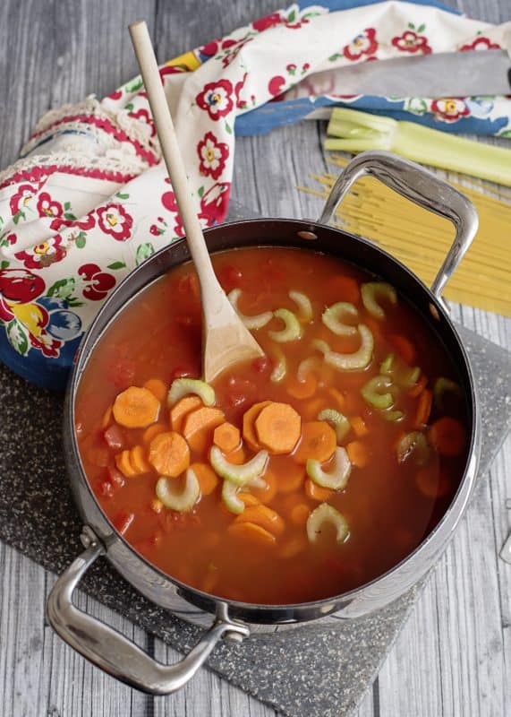 Adding veggies to Spaghetti Lover's Soup