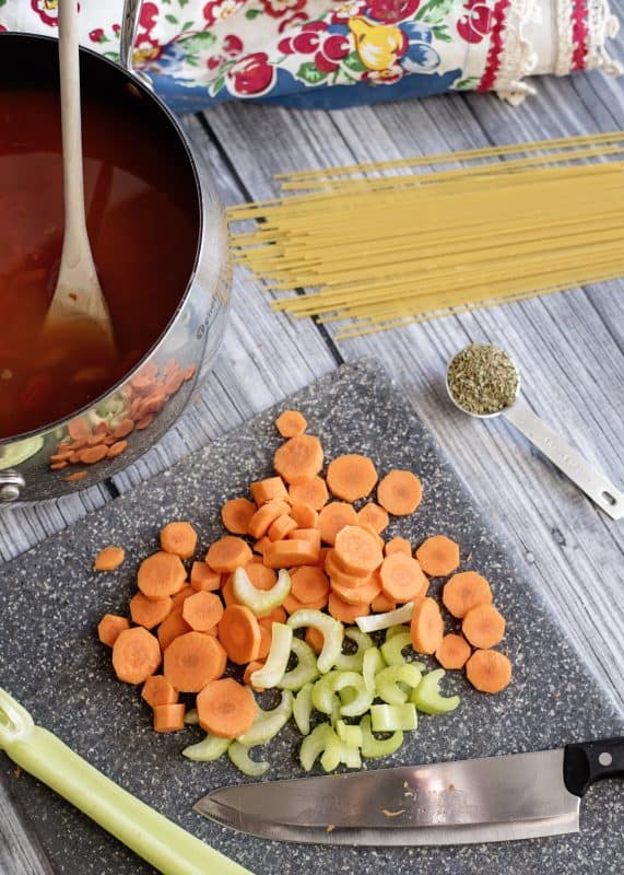 Chopping veggies for Spaghetti Lover's Soup