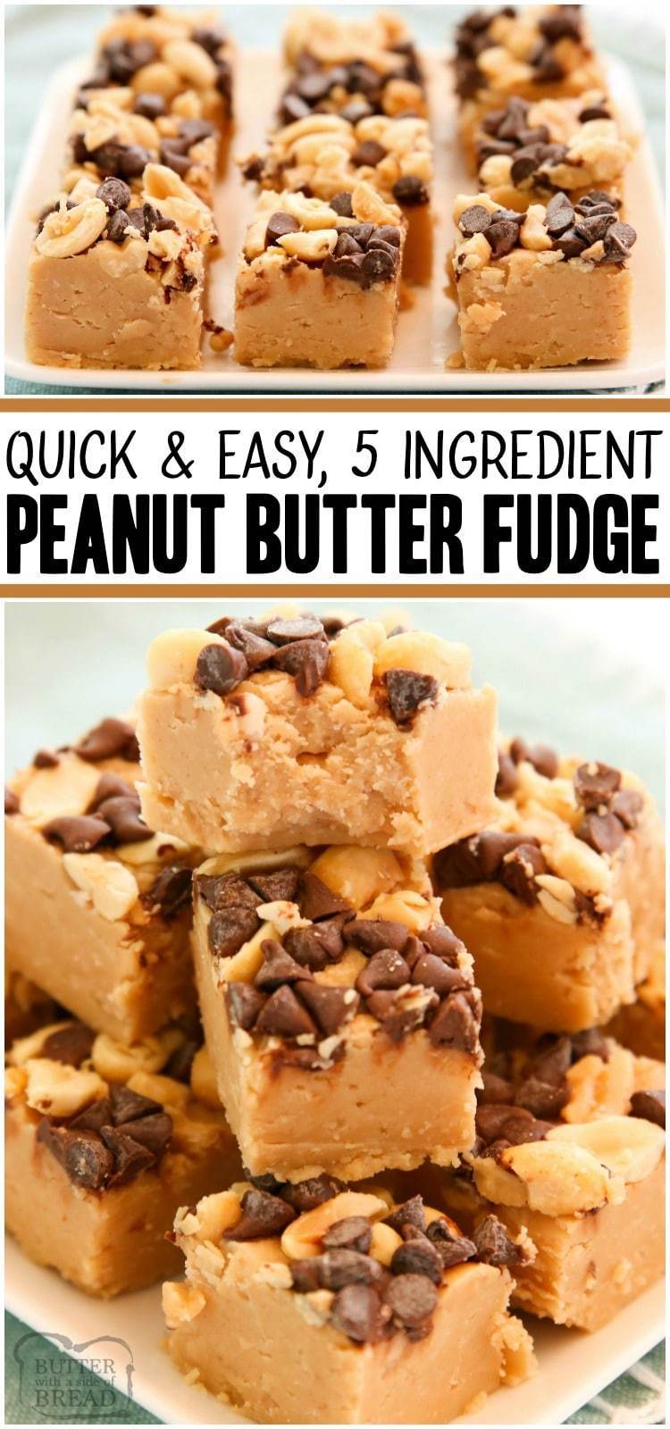 Quick & Easy Peanut Butter Fudge recipe that's done in minutes! Simple ingredients combined in the microwave for a fast, delicious peanut butter treat. #peanutbutter #fudge #dessert #nobake #recipe from BUTTER WITH A SIDE OF BREAD