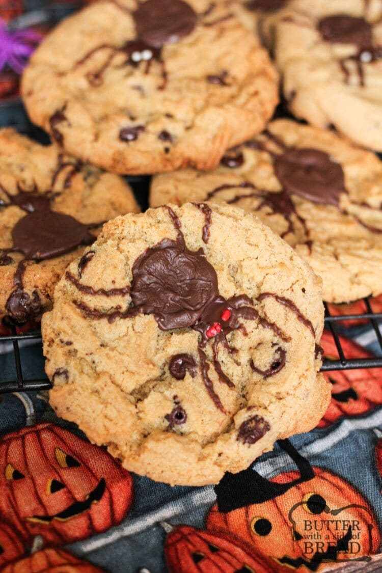 Halloween Spider Cookies are so much fun to make! A classic cookie recipe takes a creepy turn with a giant chocolate spider on top!