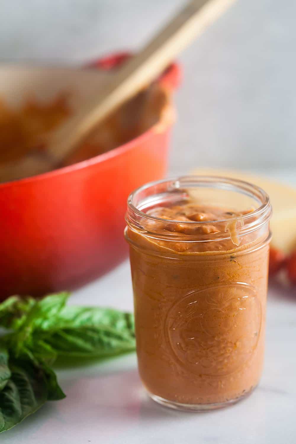 A ball jar of homemade pink sauce/tomato cream sauce