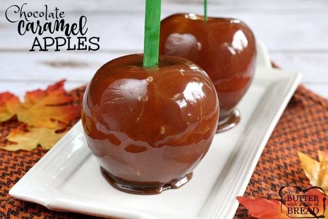 Chocolate Caramel Apples are made with melted Milk Duds adding chocolate flavor to classic caramel coated apples! Perfect for Halloween or any Fall party! 