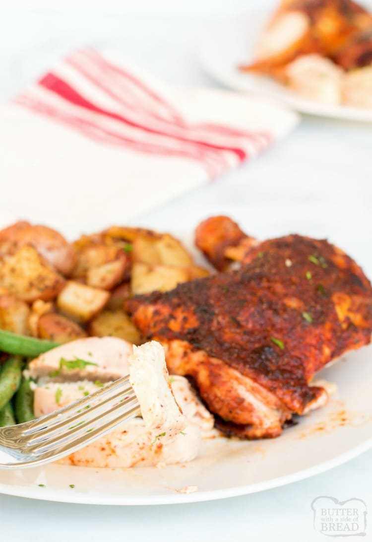 Grilled Spatchcock Chicken Recipe on the grill is one of the best ways to grill chicken! This grilled chicken recipe makes an absolutely moist, delicious, tender meat. #grilledchicken #spatchcockchicken #chickenrub #chickenspices #recipe from Butter with a Side of Bread