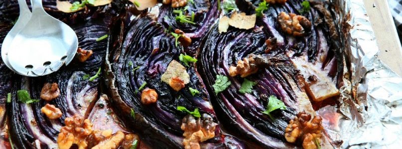 Roasted Red Cabbage Wedges with Walnuts and Bay Leaves