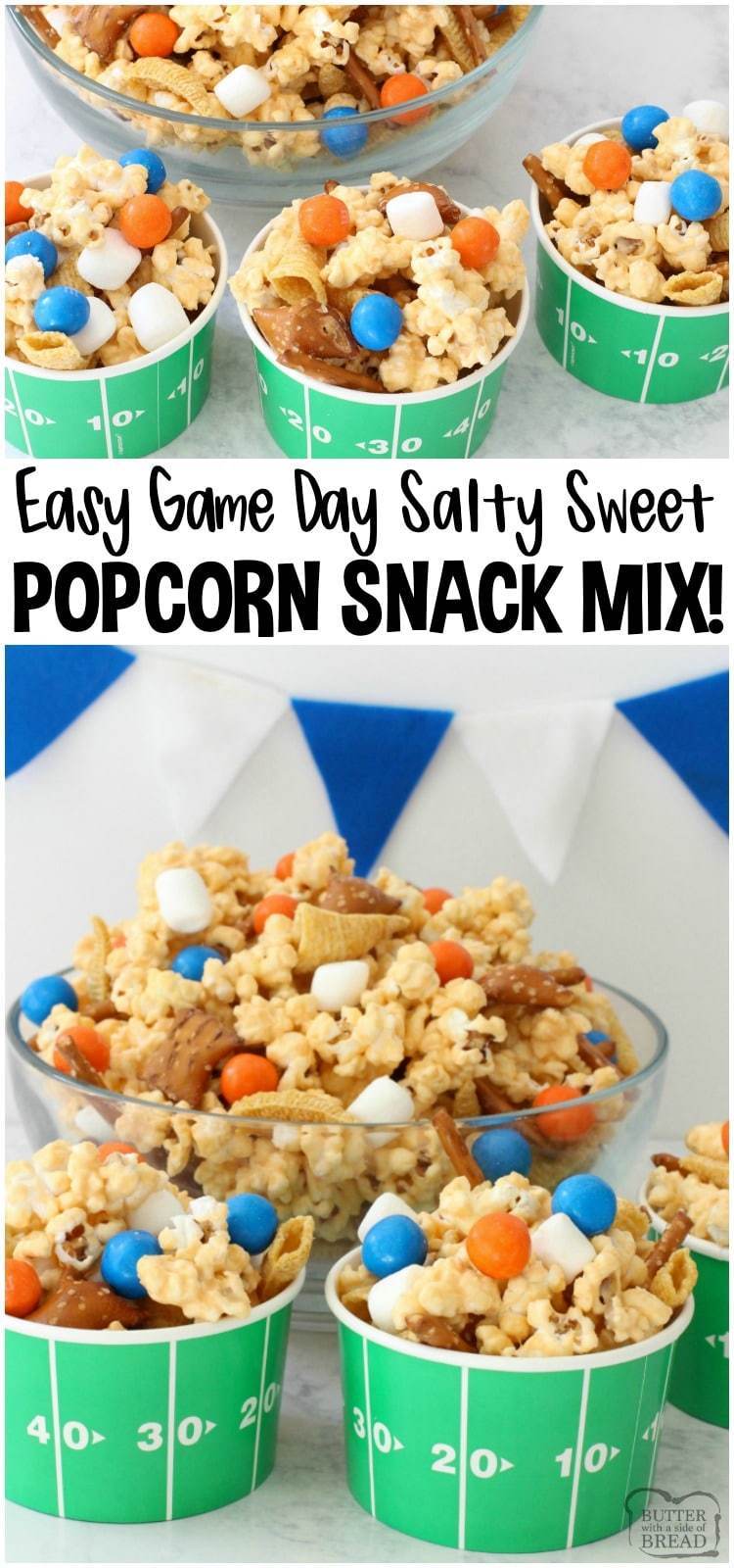 Easy Popcorn Snack Mix is sweet, salty, & perfect for excited sports fans! Customize candy colors to celebrate your team in this snack mix recipe! #snackmix #popcorn #candy #gameday #gamedayfood #superbowl #recipe from BUTTER WITH A SIDE OF BREAD