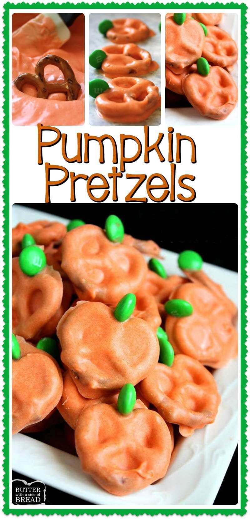 Pumpkin Pretzels are chocolate covered pretzels made with just a few ingredients & perfect for Halloween! Tips for melting chocolate & the BEST tool to use to make these darling chocolate covered pretzels. Easy #Halloween #dessert from Butter With A Side of Bread