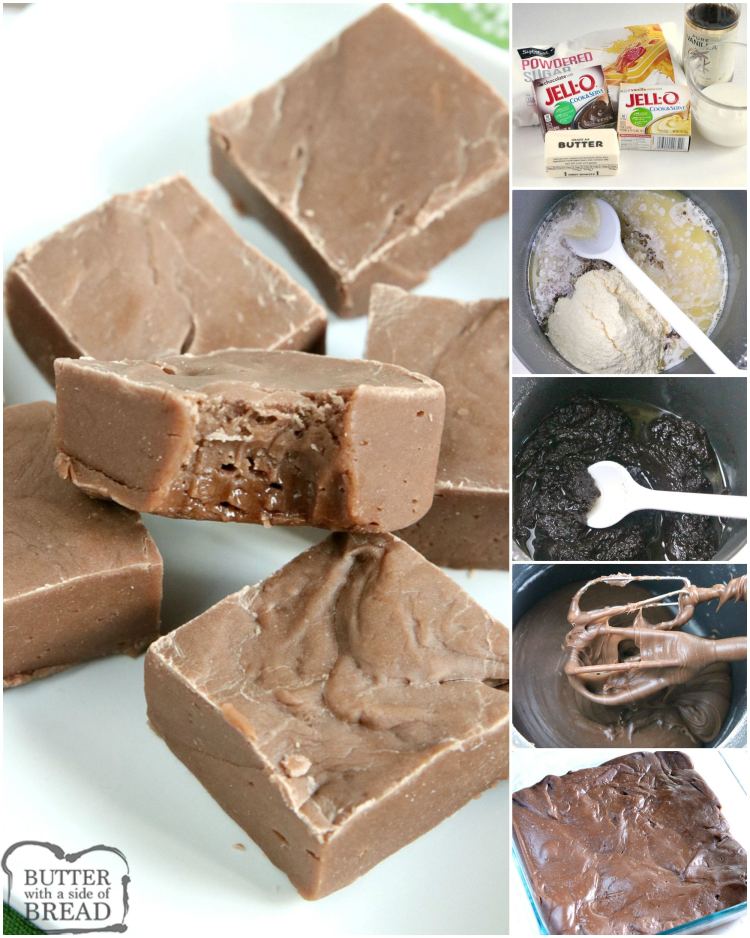 Easy Fudge recipe that is made with chocolate and vanilla pudding mixes, no candy thermometer necessary. This chocolate fudge recipe only requires six ingredients and only takes a few minutes to make. Delicious fudge recipe that turns out perfectly every time.