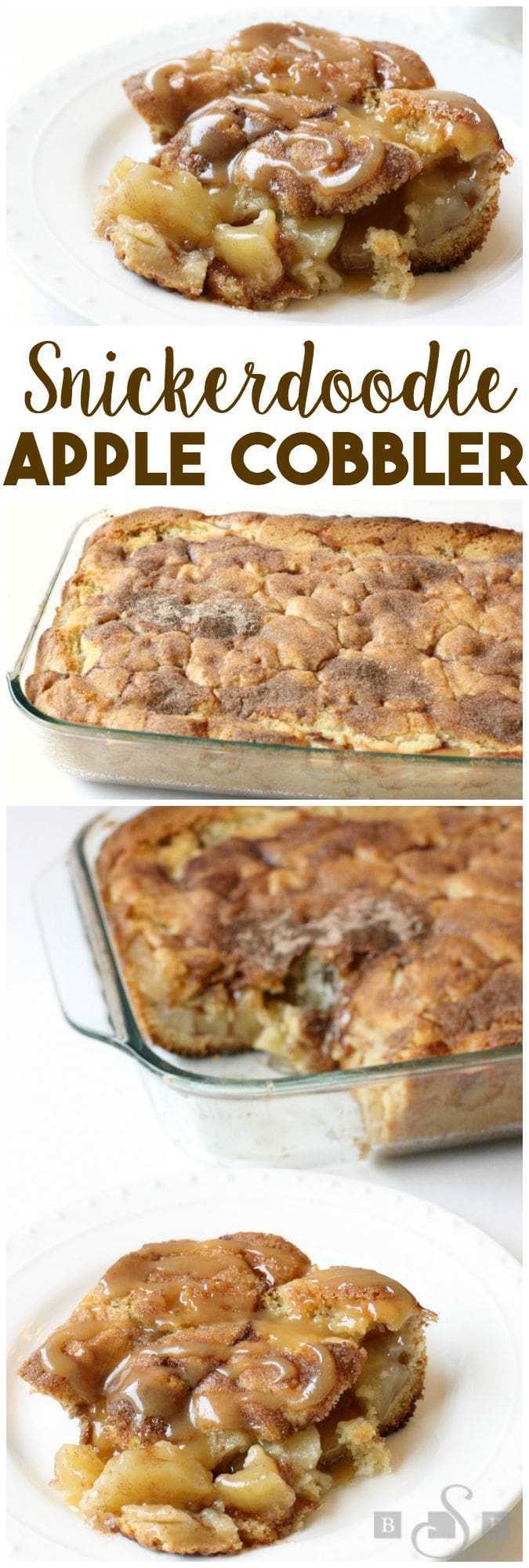 Snickerdoodle Apple Cobbler combines 2 favorite desserts into one! Cinnamon apple pie filling is baked inside snickerdoodle cookie dough, then topped with caramel. 