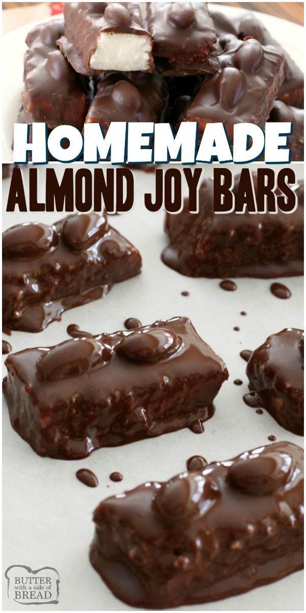 Homemade Almond Joy Bars with sweet coconut, sugar, coconut oil & dark chocolate. Topped with almonds & more chocolate for a melt-in-your-mouth treat. #almondjoy #chocolate #coconut #candy #homemade #dessert #recipe from BUTTER WITH A SIDE OF BREAD